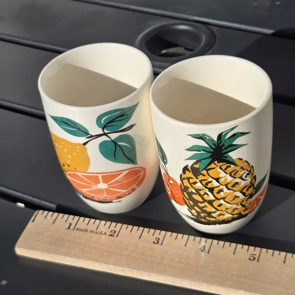 RARE Vintage Japanese Sake Cup Ceramic‎ Set of 2 Two Pineapple Citrus Fruits